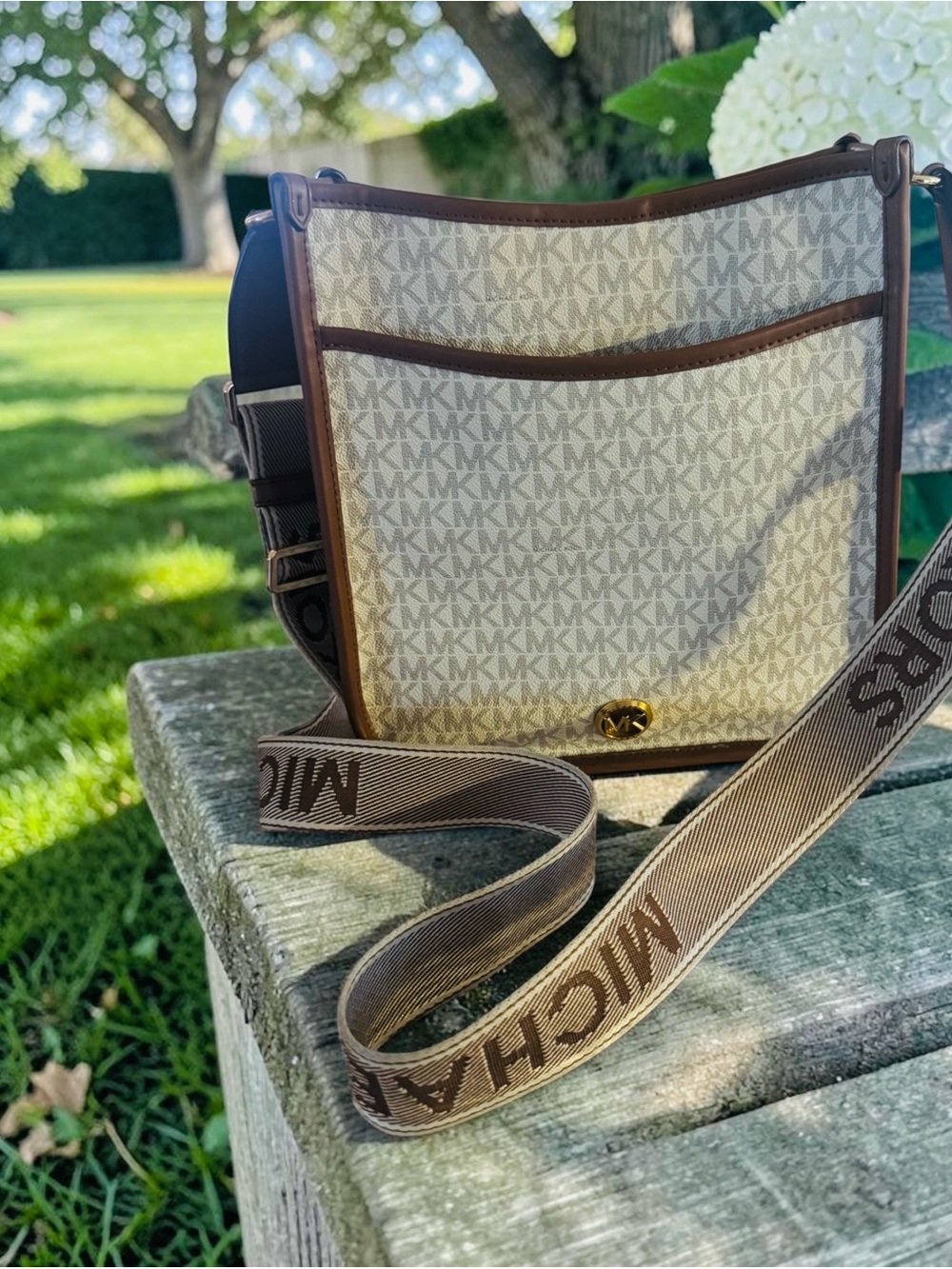 Michael Kors Cream and Brown MK Monogram Messenger Bag with Logo Strap